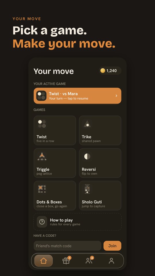 Home screen with an active match against Mara and the games list