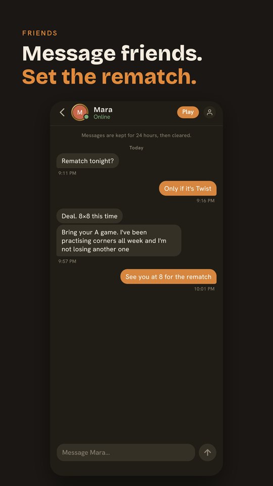 A message thread with a friend arranging a rematch
