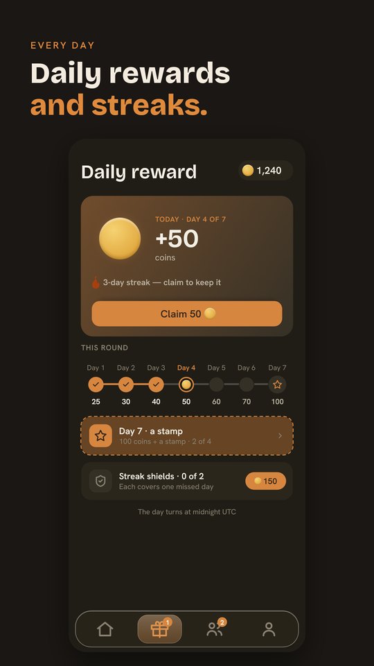 Daily rewards and a streak calendar